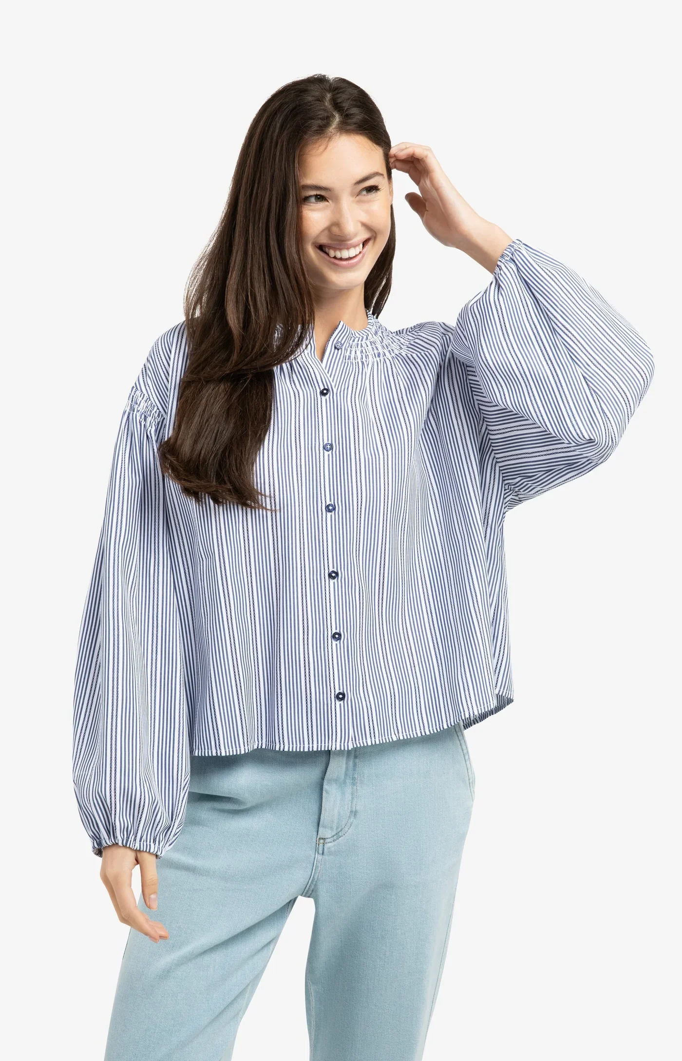 Striped Blouse With Shirring Navy Blazer Dessin - YAYA - Image 4
