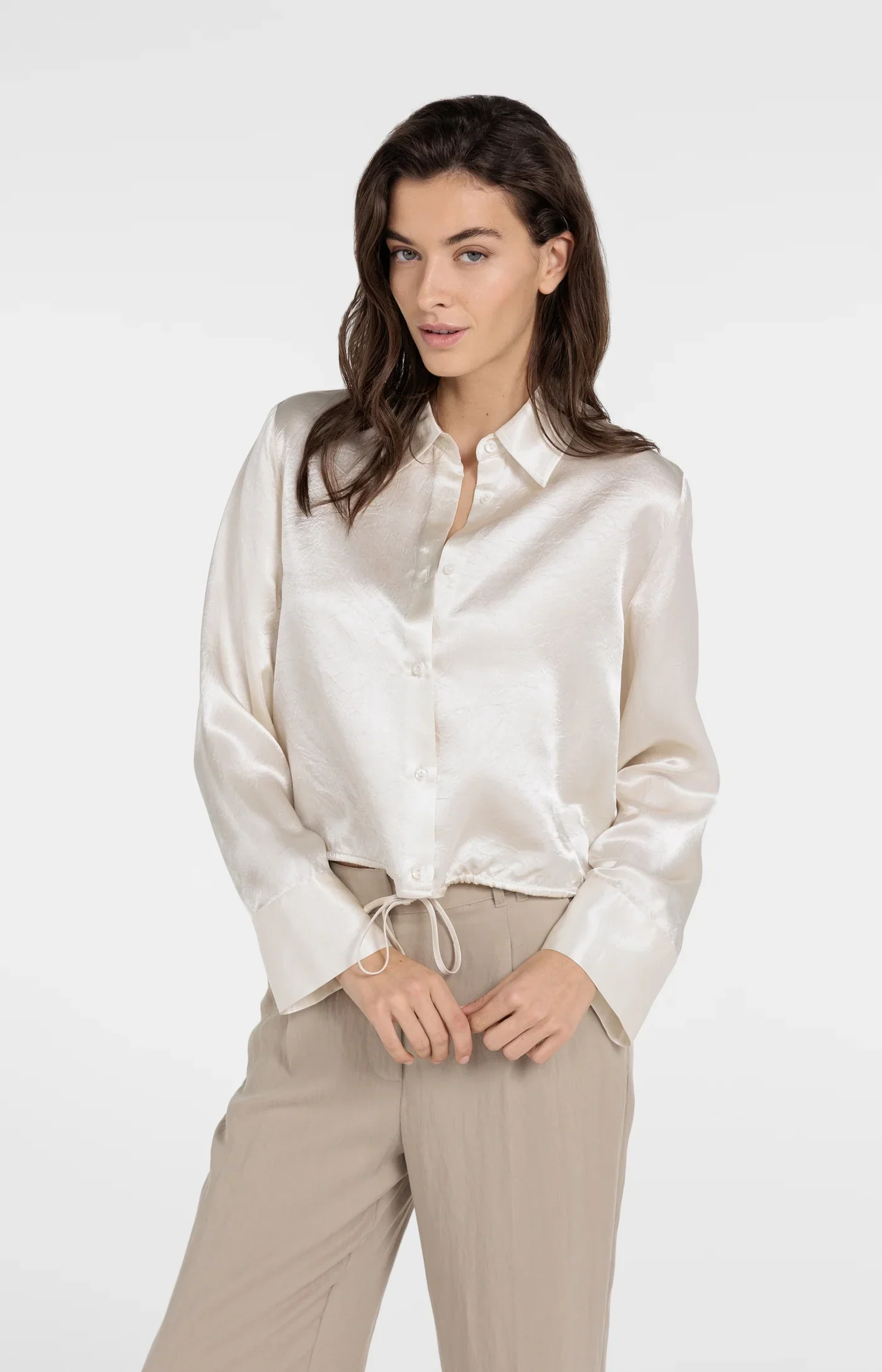 Crinkle blouse with drawstring Creme Beige - YAYA
