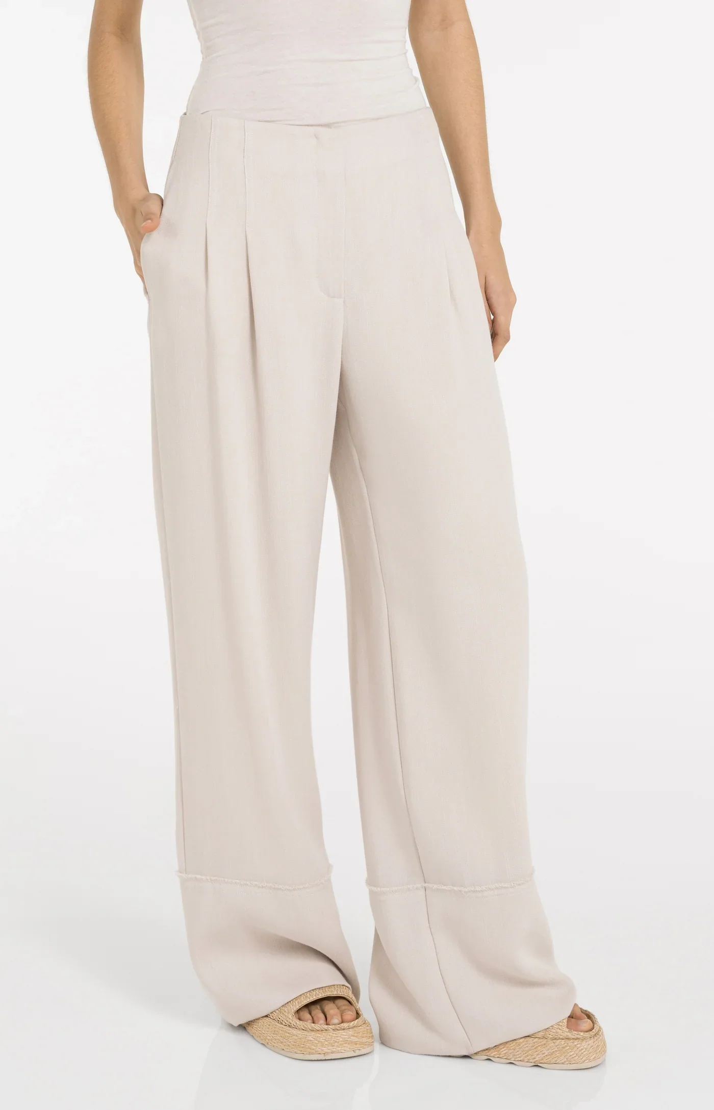 Woven linen mix wide leg trouser Cloud Creme White - YAYA - Image 3