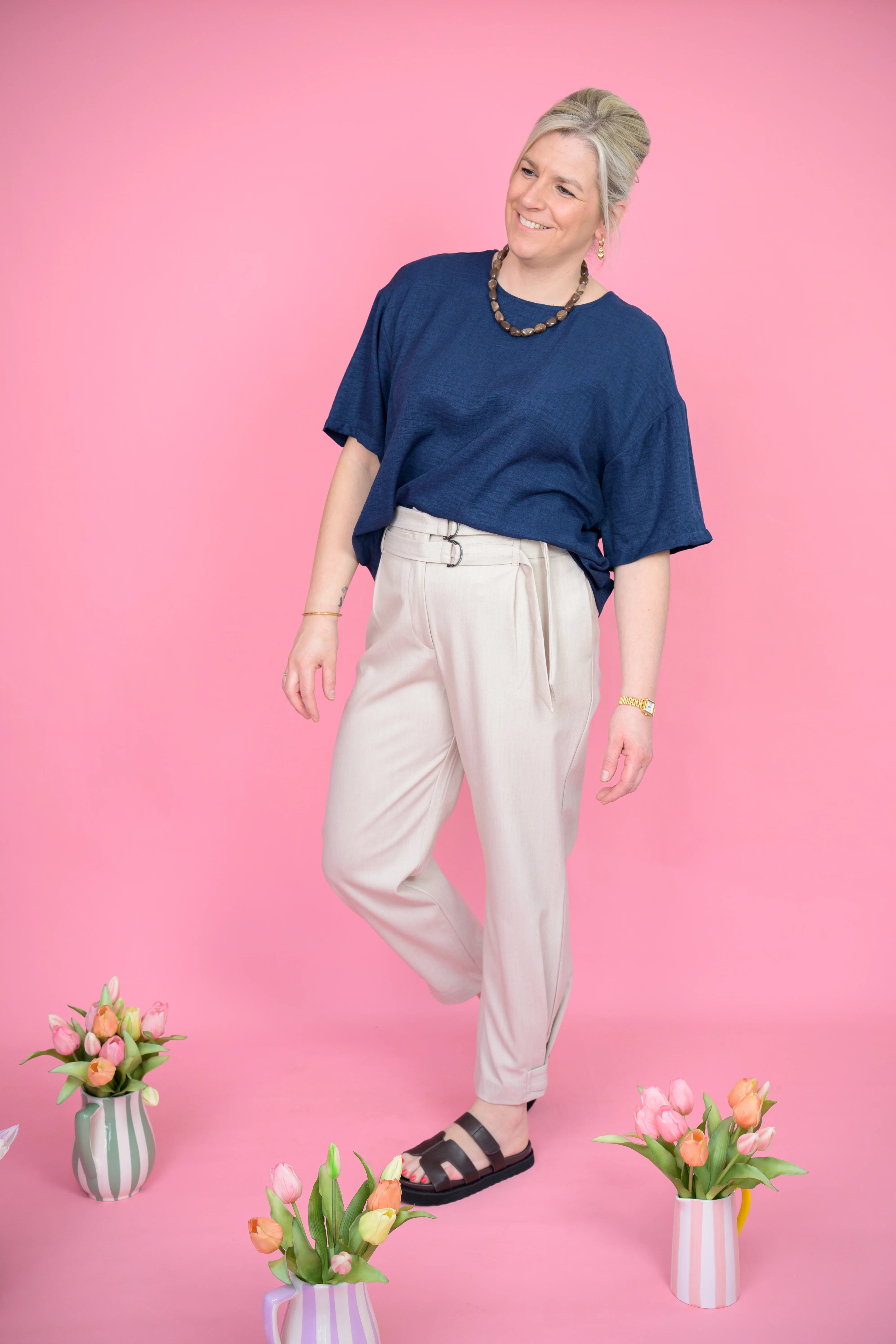 Trousers With Double Belt Kit Beige - YAYA